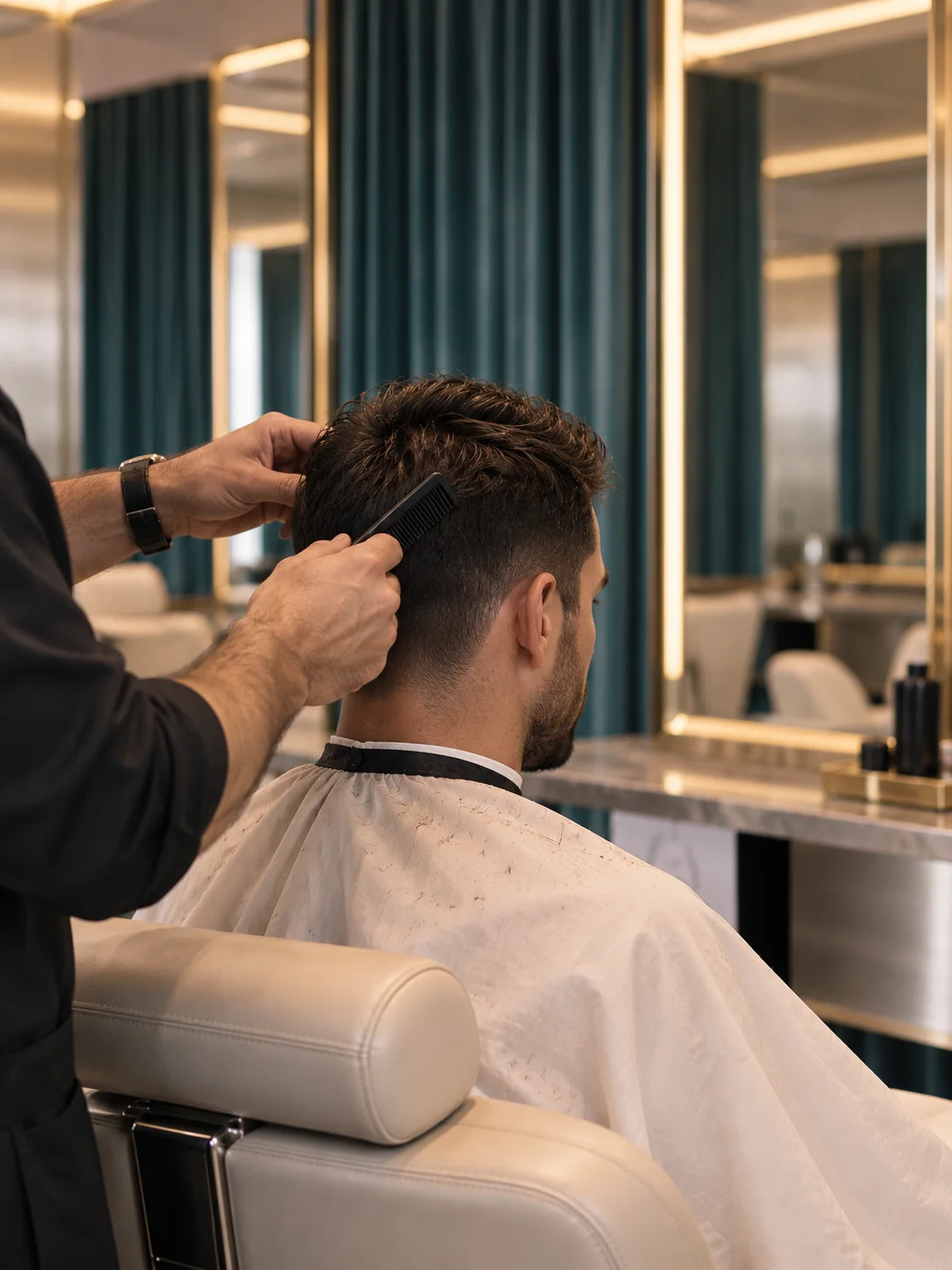Concepto generado con IA: Barbershop. Referencia de composición, no fotografía real del salón.